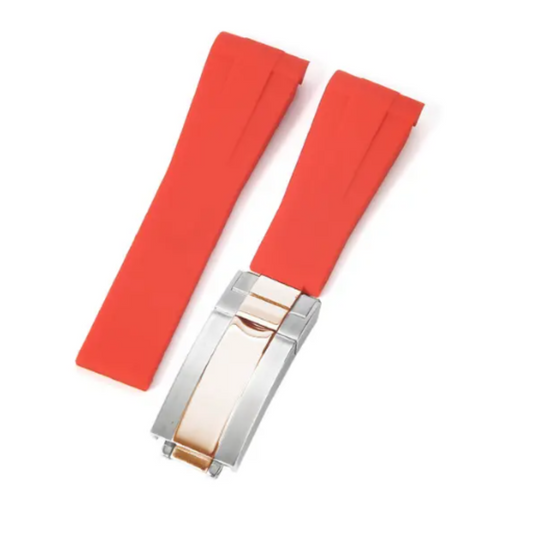 High End Curved FKM Rubber Watch Band with Oyster Style Deployment Clasp: 20 mm - Red with Rose Gold Dual tone