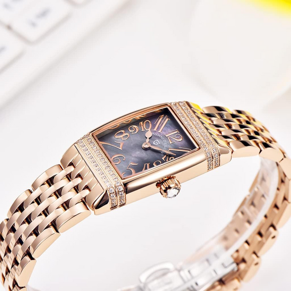 Pagani Design PD-1737 Women's Quartz Watches 22mm with Stone Set Rectangle Case, Analogue Display and Stainless Steel Ladies Watch - Gold MOP Purple