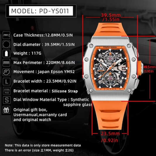 Pagani Design PD-YS011 Mens Skeleton Quartz Wristwatch YM92 Movt Watch for Men Sapphire Glass Stainless Steel Case Waterproof Clock