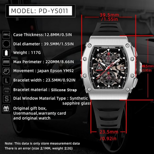 Pagani Design PD-YS011 Mens Skeleton Quartz Wristwatch YM92 Movt Watch for Men Sapphire Glass Stainless Steel Case Waterproof Clock