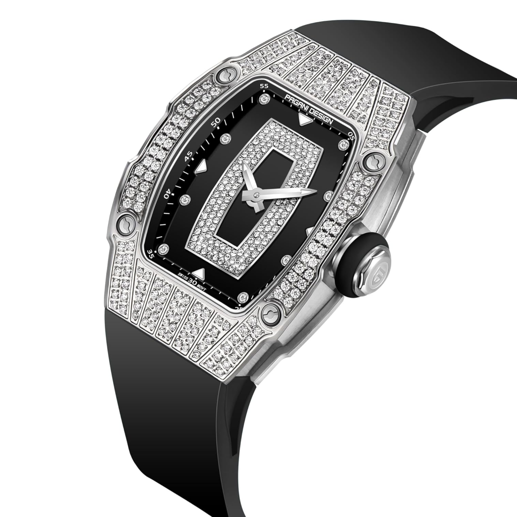 Pagani Design PD-YS013 Bergani Fashion Women's Diamond Inlaid Watch Waterproof Sports Waterproof Night Glow Trend Silicone Women's Watch - Silver Black