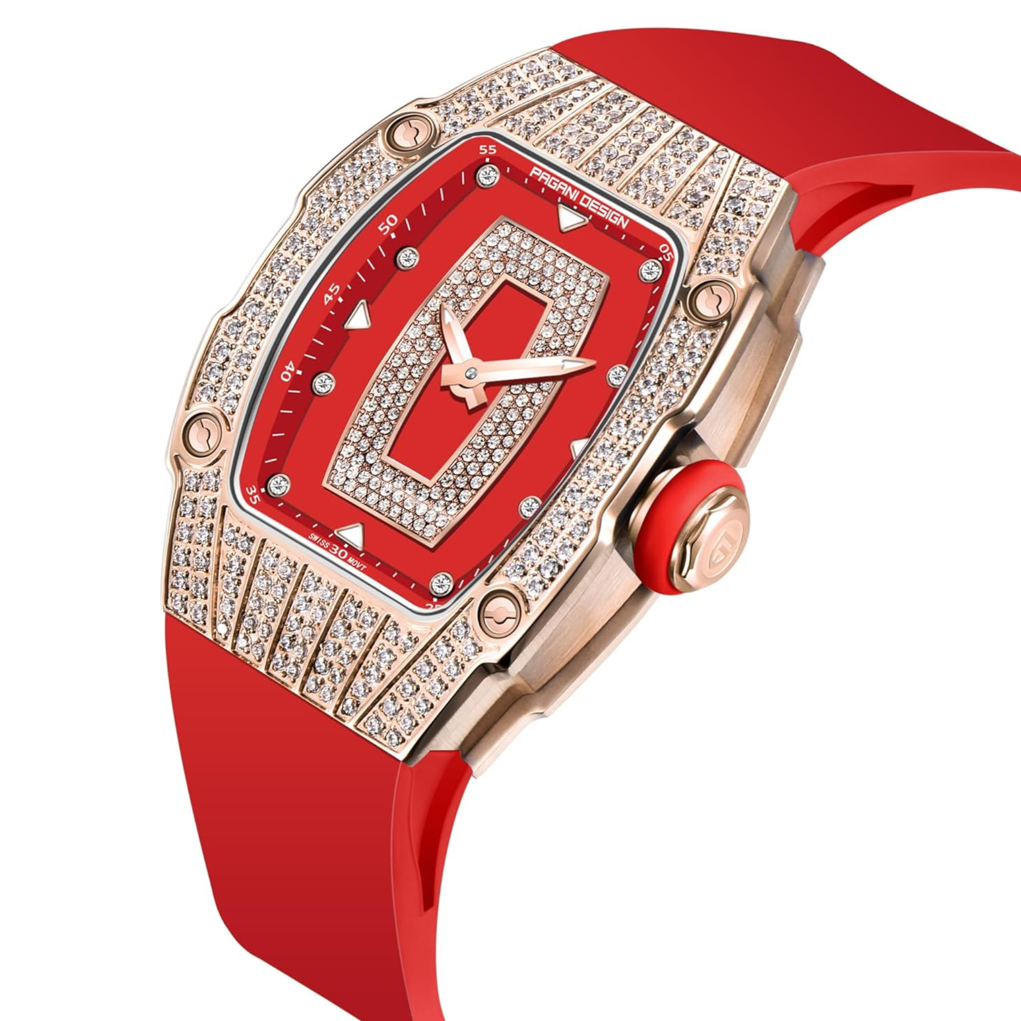 Pagani Design PD-YS013 Bergani Fashion Women's Diamond Inlaid Watch Waterproof Sports Waterproof Night Glow Trend Silicone Women's Watch - Gold Red
