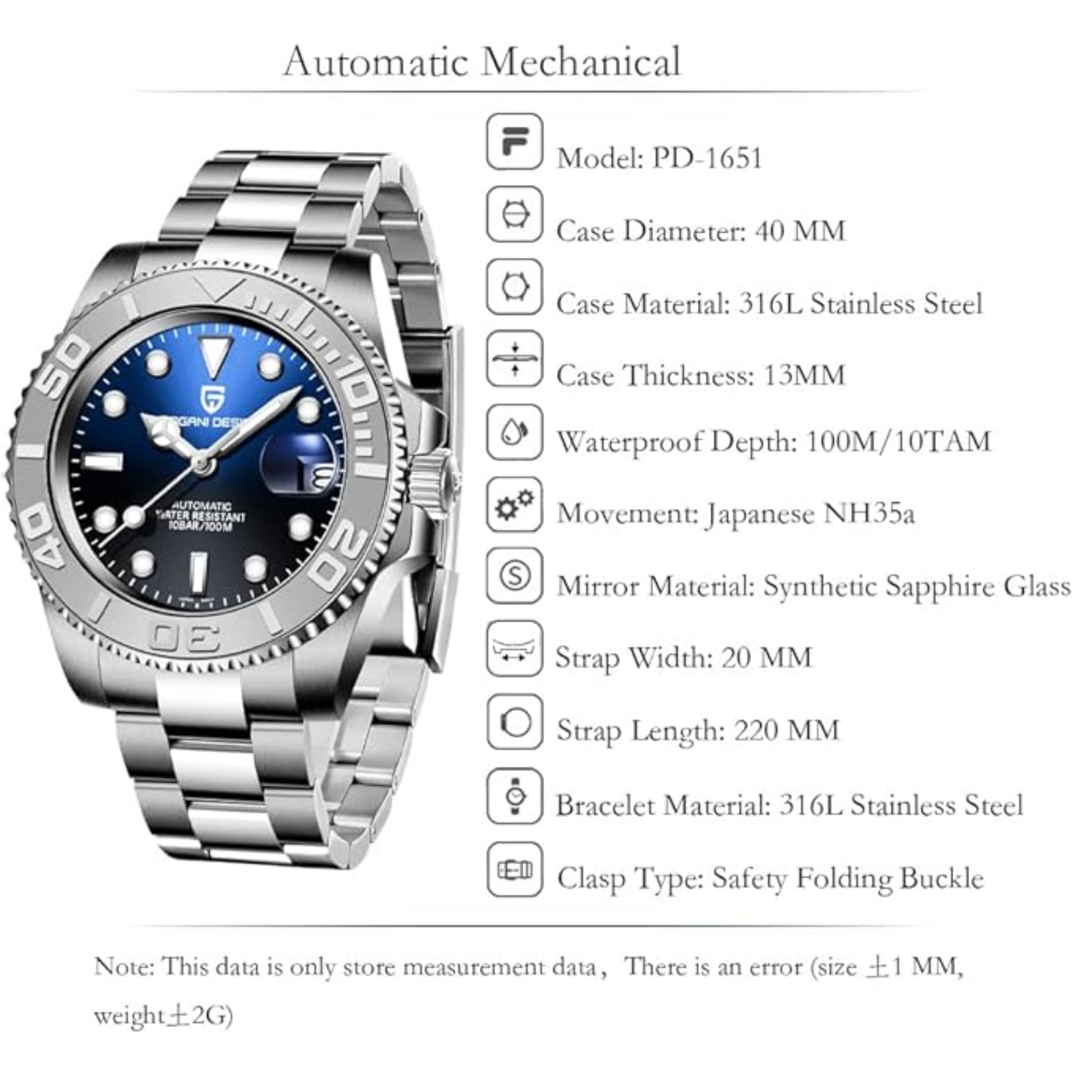 Pagani Design PD-1651 40mm Mens Automatic Waterproof Mechanical Watch (Seiko NH-35 Movement) Yatch-Master Hommage - Black Blue