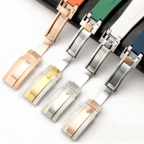 High End Curved FKM Rubber Watch Band with Oyster Style Deployment Clasp: 20 mm - Green with Rose Gold Dual tone