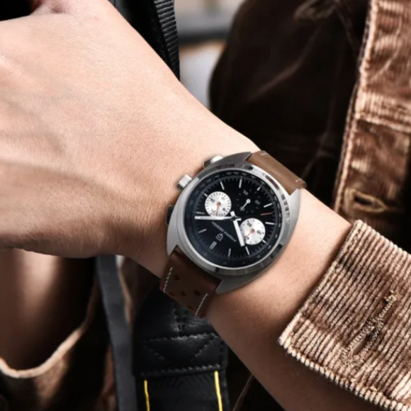 PAGANI DESIGN PD-1782 Men's Quartz Watches Chronograph Stainless Steel 40mm Sports Wrist Watch for Men - Black Dial With Brown Leather Strap
