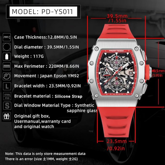 Pagani Design PD-YS011 Mens Skeleton Quartz Wristwatch YM92 Movt Watch for Men Sapphire Glass Stainless Steel Case Waterproof Clock