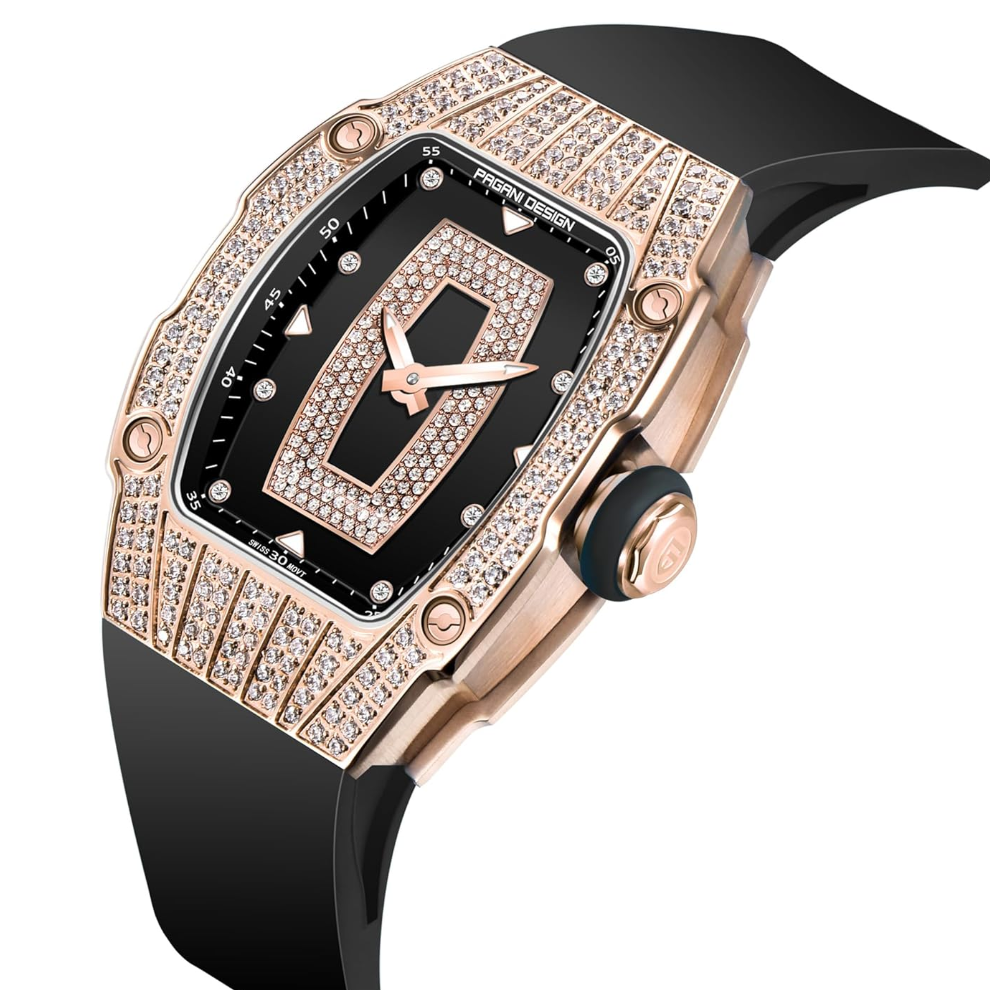 Pagani Design PD-YS013 Bergani Fashion Women's Diamond Inlaid Watch Waterproof Sports Waterproof Night Glow Trend Silicone Women's Watch - Gold Black