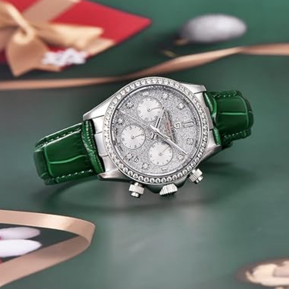 Pagani Design PD1730 Chronograph Date Quartz women's Watch  - White Dial with Green Strap