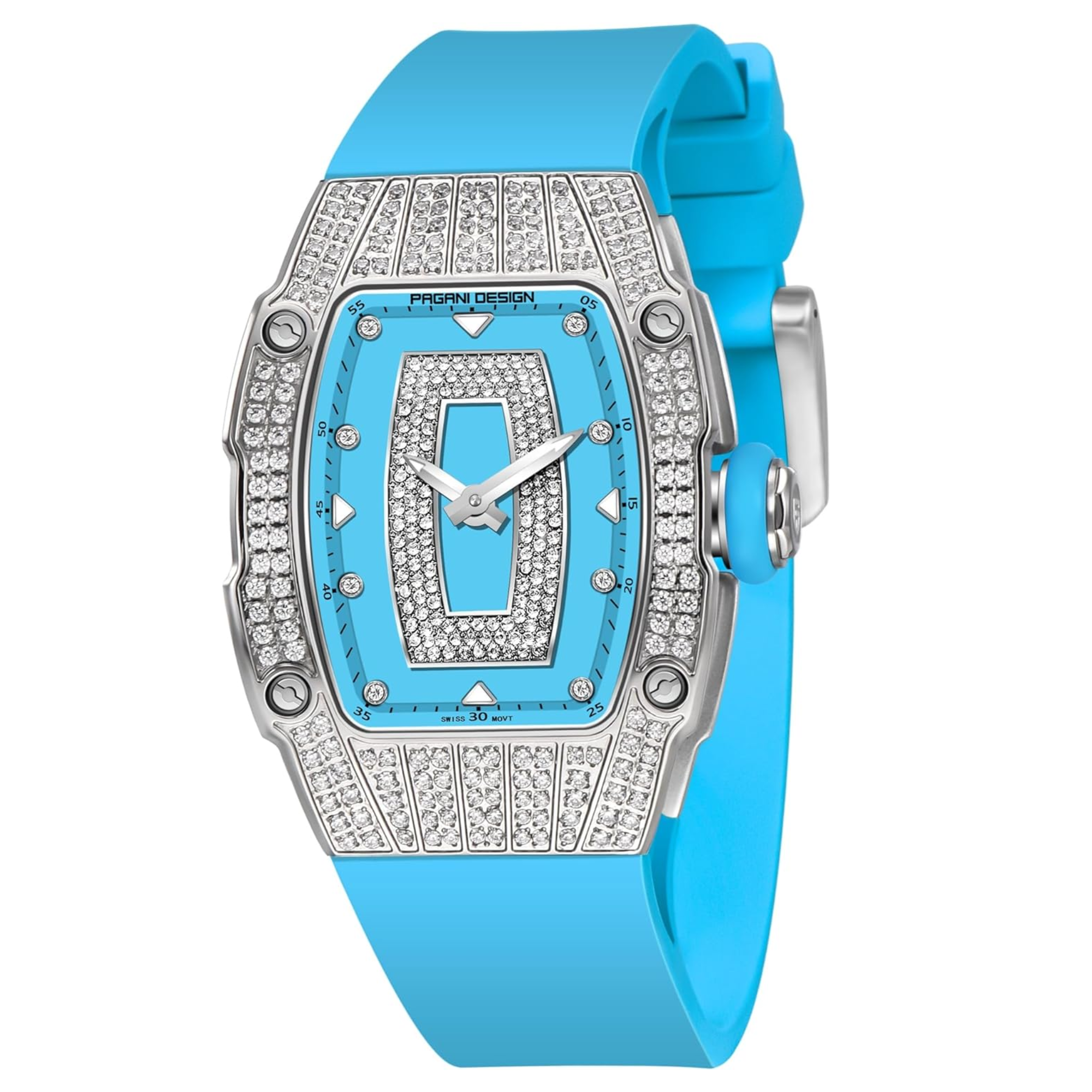 Pagani Design PD-YS013 Bergani Fashion Women's Diamond Inlaid Watch Waterproof Sports Waterproof Night Glow Trend Silicone Women's Watch - Silver Blue