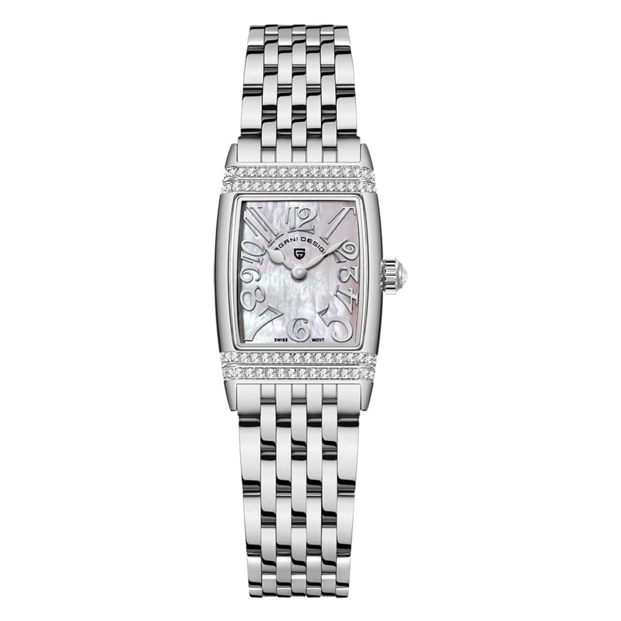 Pagani Design PD-1737 Women's Quartz Watches 22mm with Stone Set Rectangle Case, Analogue Display and Stainless Steel Ladies Watch - Silver White