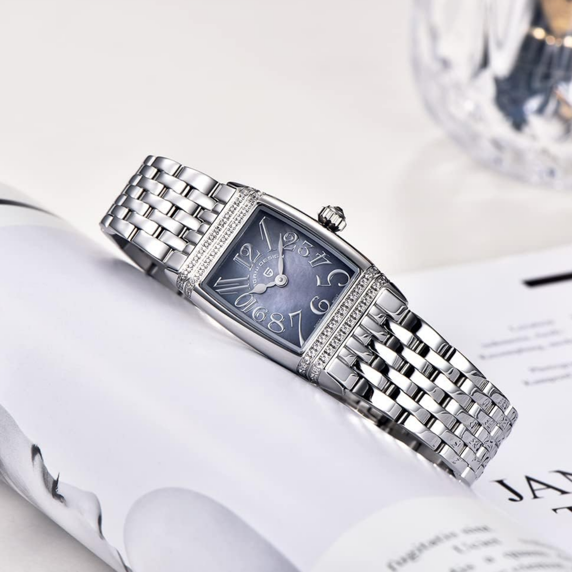 Pagani Design PD-1737 Women's Quartz Watches 22mm with Stone Set Rectangle Case, Analogue Display and Stainless Steel Ladies Watch - Silver - MOP Purple