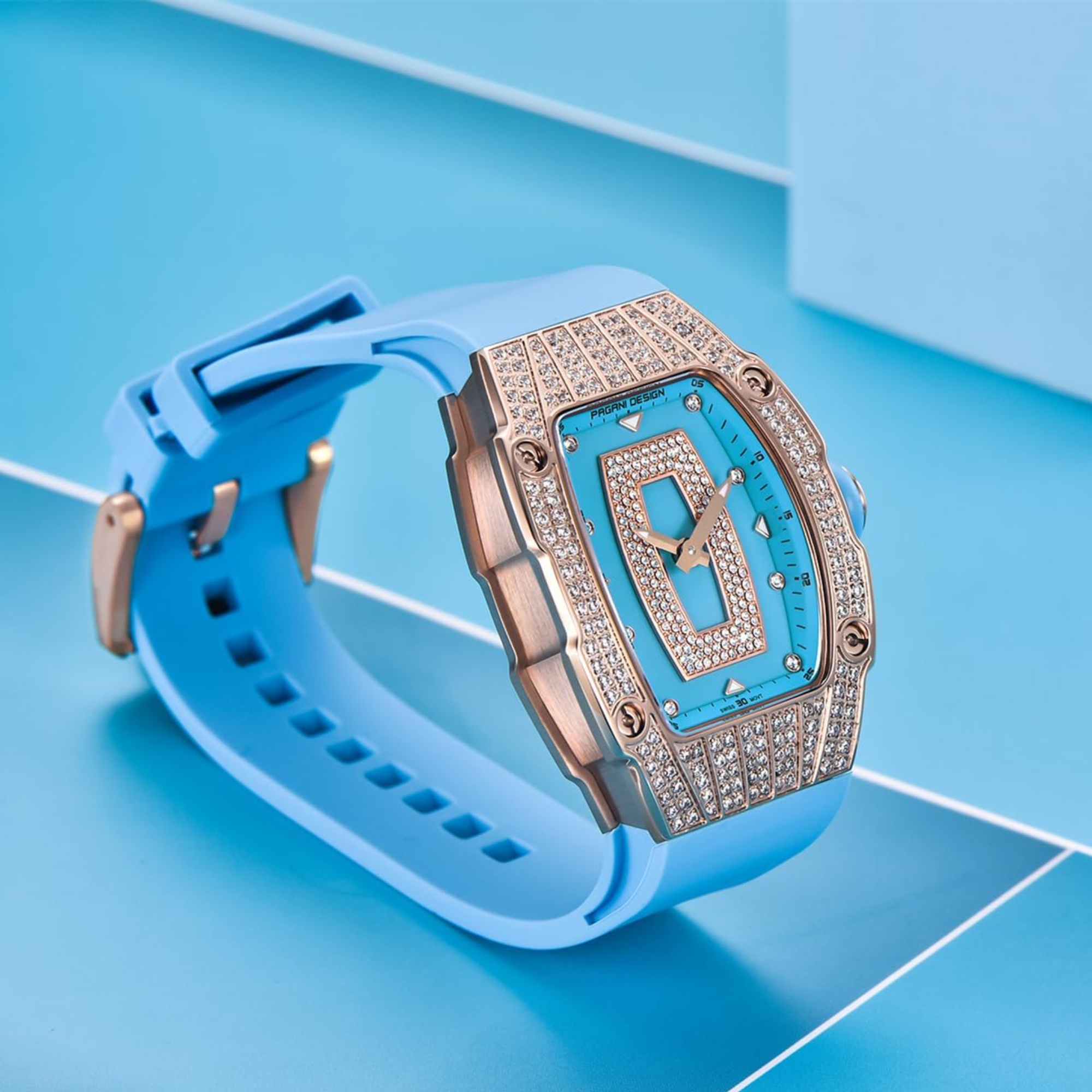 Pagani Design PD-YS013 Bergani Fashion Women's Diamond Inlaid Watch Waterproof Sports Waterproof Night Glow Trend Silicone Women's Watch - Gold Blue