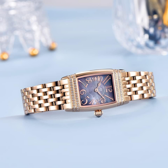 Pagani Design PD-1737 Women's Quartz Watches 22mm with Stone Set Rectangle Case, Analogue Display and Stainless Steel Ladies Watch - Gold MOP Purple
