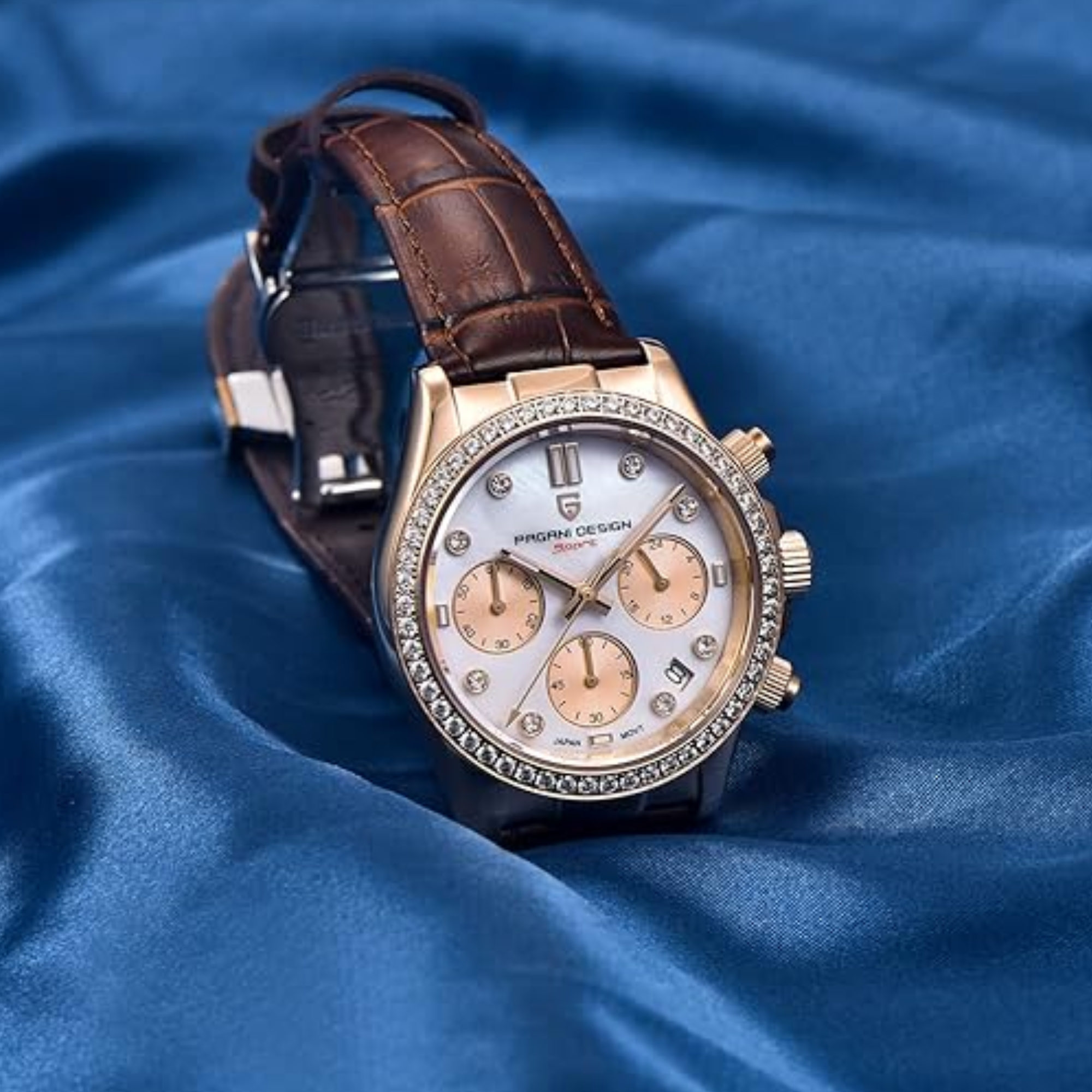 Pagani Design PD1730 Chronograph Date Quartz women's Watch  - Gold Dial with Brown Strap