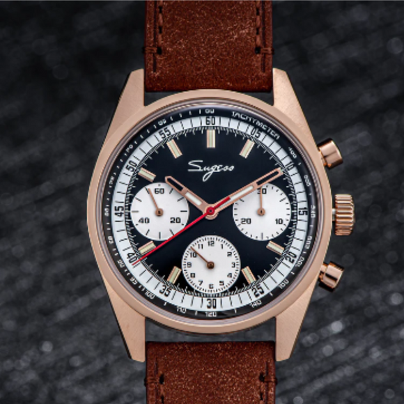 Sugess Chrono Heritage 442 Chronograph Special Dial Swan Neck Regulator Black Dial With Brown Strap