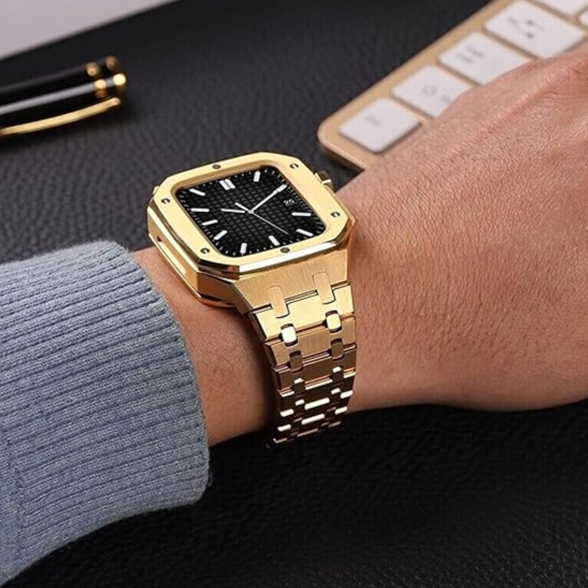 Luxury Metal Mod Kit For Apple Watch | Case With Jewels, Rubber & Stainless Steel Straps | Apple Watch SE/3/4/5/6 Accessory - 45 Mm| Golden Case - Golden Band