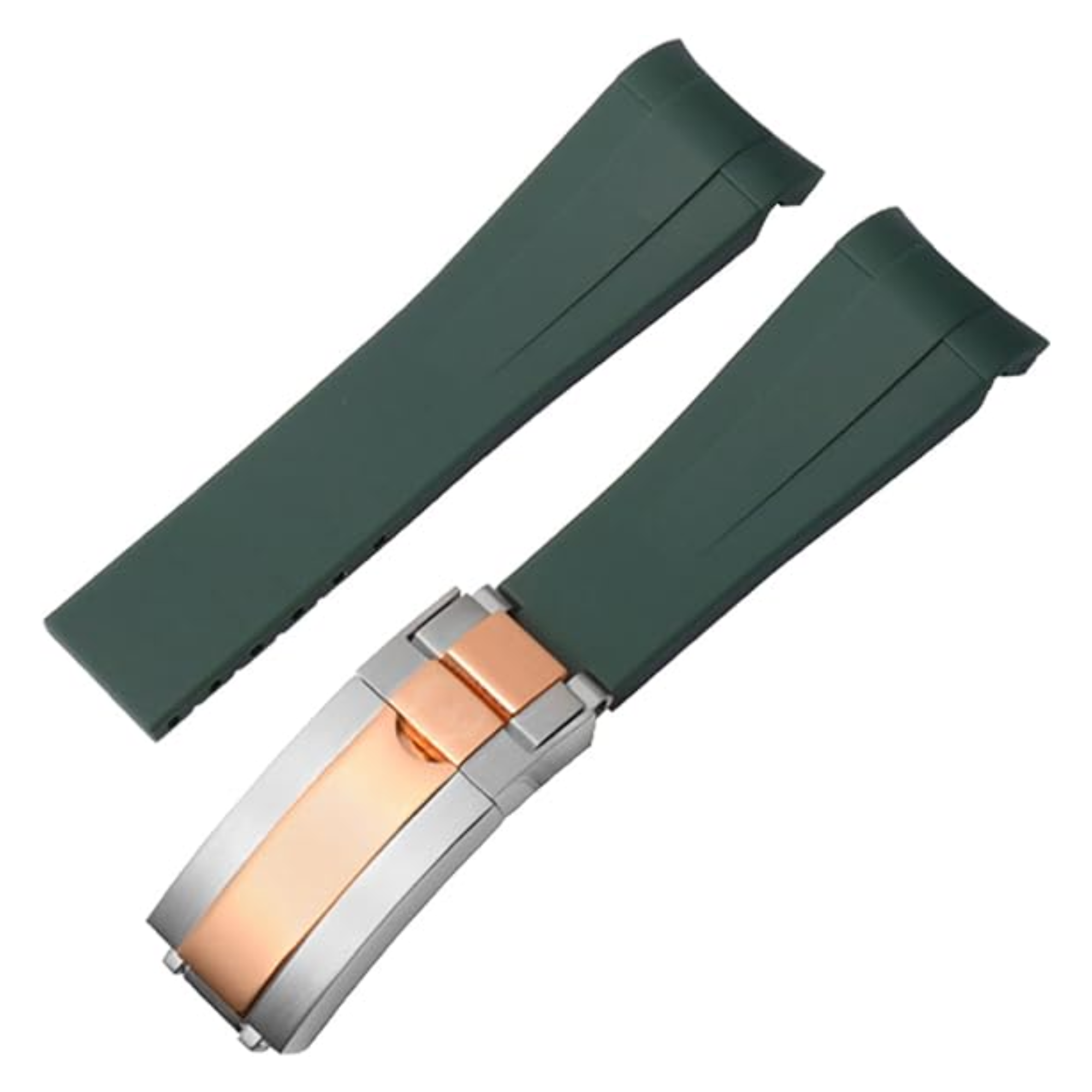 High End Curved FKM Rubber Watch Band with Oyster Style Deployment Clasp: 20 mm - Green with Rose Gold Dual tone