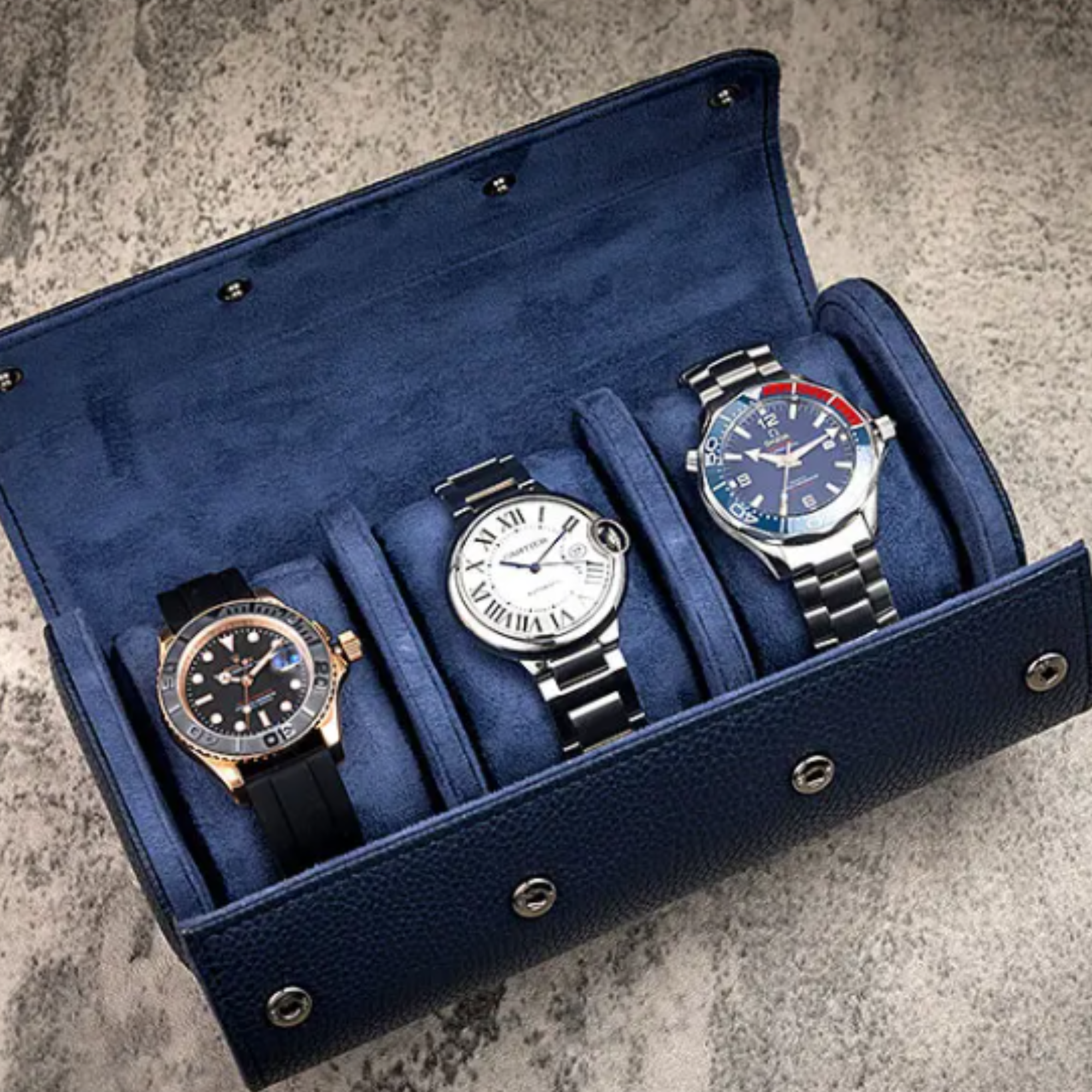 Dream Watches Trenta Premium Watch Storage and Travel Case : Triple Slot  |  Blue Leather