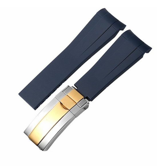 High End Curved FKM Rubber Watch Band with Oyster Style Deployment Clasp: 20 mm - Blue with Gold Dual tone