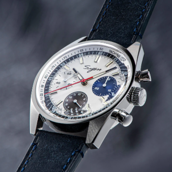 Sugess Chrono Heritage 442 Chronograph Special Dial Swan Neck Regulator White Dial With Blue Starp