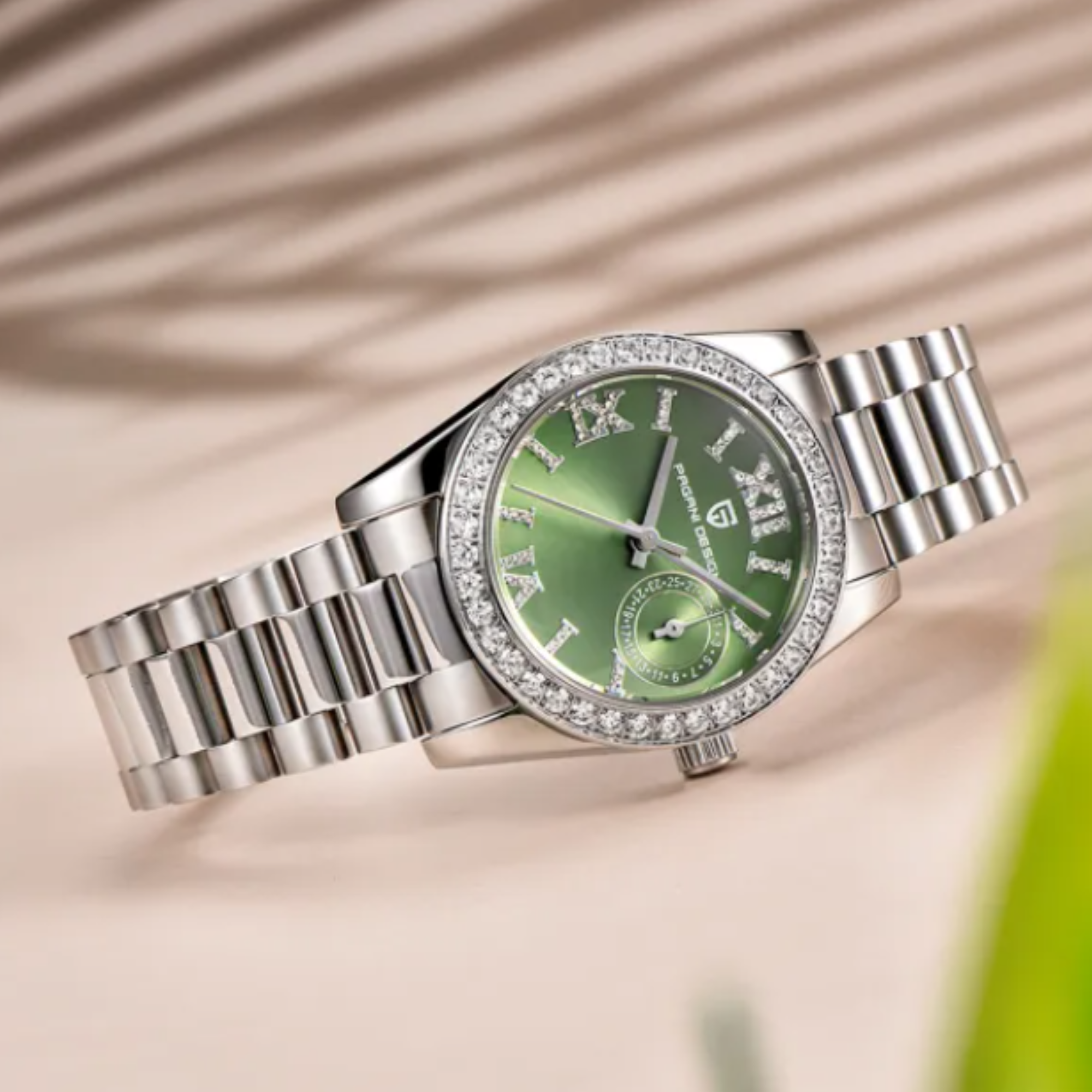 PAGANI DESIGN PD-1776 Luxury Stainless Steel Waterproof Wrist Watch for Women Diamond Bezel Sapphire Dial 32 mm - Aqua Green