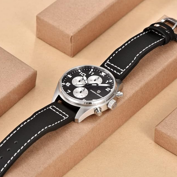 Pagani Design PD-1703 42MM Pilot Chronograph Men's with Seiko VK67 Quartz Watch with Crystal AR Coating - Black Dial With Black Nylon Strap