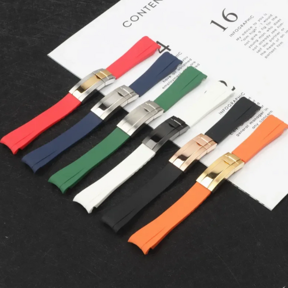 High End Curved FKM Rubber Watch Band with Oyster Style Deployment Clasp: 20 mm - Black with Rose Gold Dual tone