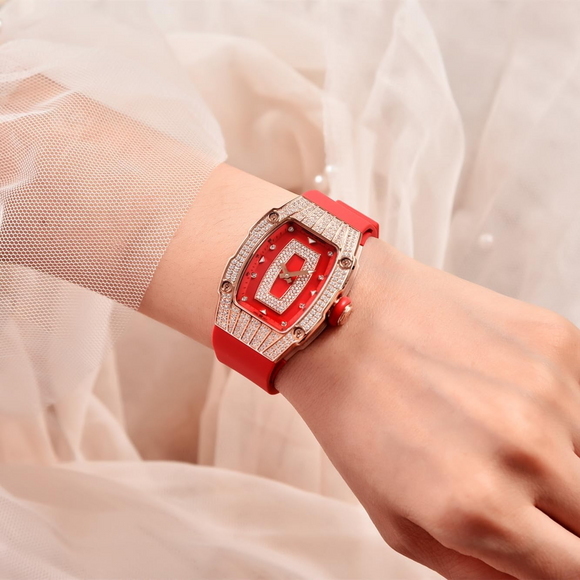 Pagani Design PD-YS013 Bergani Fashion Women's Diamond Inlaid Watch Waterproof Sports Waterproof Night Glow Trend Silicone Women's Watch - Gold Red