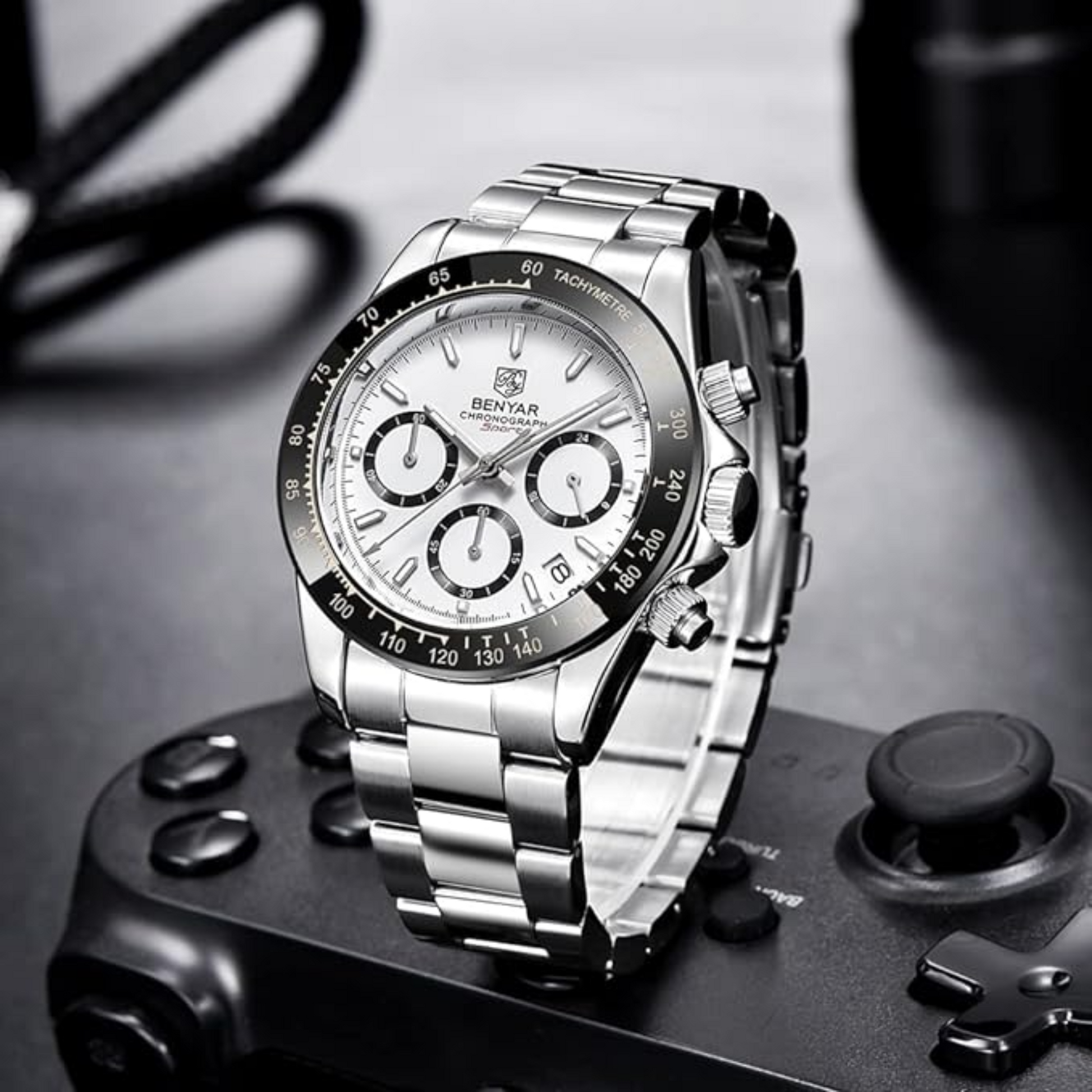 Benyar - BY-5169 White Classic Men's Watch with Chronograph and Stainless Steel Strap
