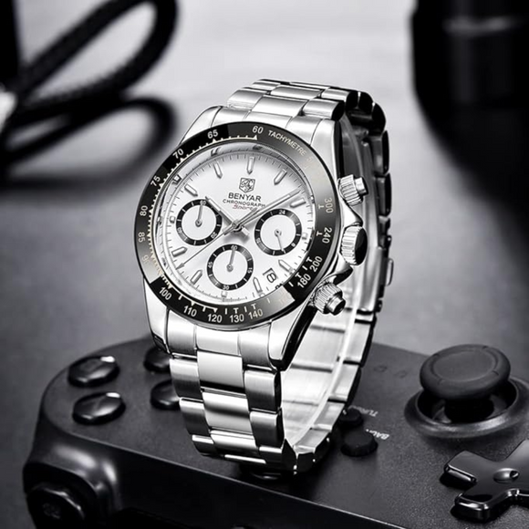 Benyar - BY-5169 White Classic Men's Watch with Chronograph and Stainless Steel Strap