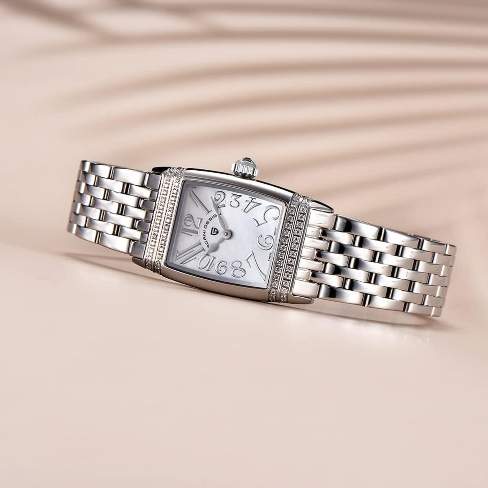 Pagani Design PD-1737 Women's Quartz Watches 22mm with Stone Set Rectangle Case, Analogue Display and Stainless Steel Ladies Watch - Silver White