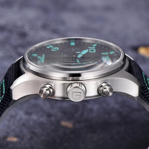 Pagani Design PD-1703 42MM Pilot Chronograph Men's with Seiko VK67 Quartz Watch with Crystal AR Coating - Black Dial With Black Leather Strap