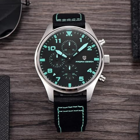Pagani Design PD-1703 42MM Pilot Chronograph Men's with Seiko VK67 Quartz Watch with Crystal AR Coating - Black Dial With Black Nylon Strap