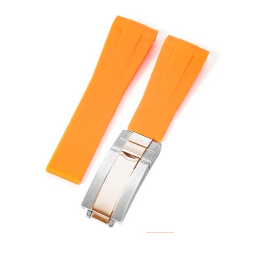 High End Curved FKM Rubber Watch Band with Oyster Style Deployment Clasp: 20 mm - Orange with Rose Gold Dual tone