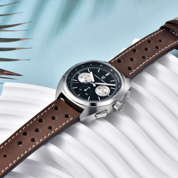 PAGANI DESIGN PD-1782 Men's Quartz Watches Chronograph Stainless Steel 40mm Sports Wrist Watch for Men - Black Dial With Brown Leather Strap