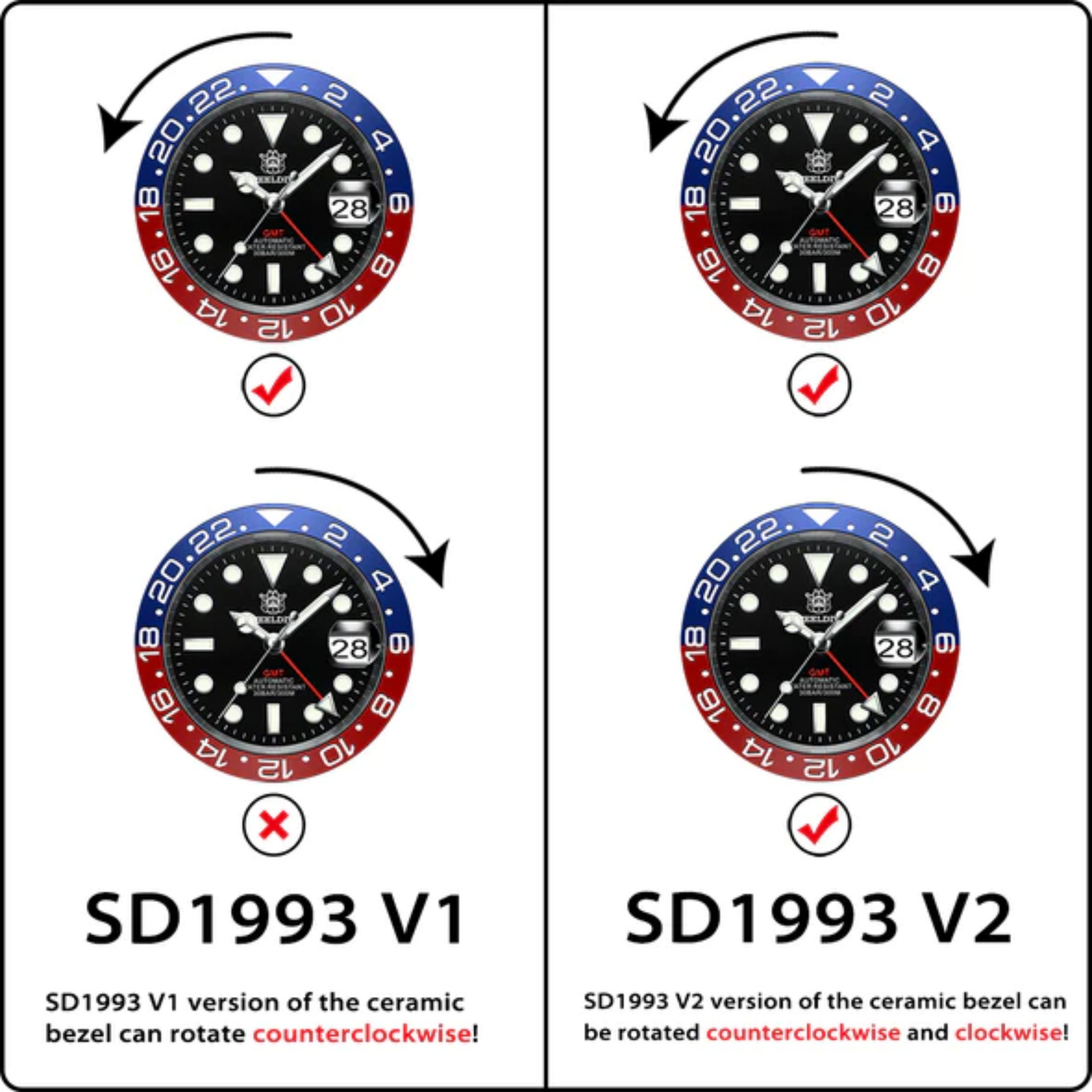 Steeldive SD1993 NH34 GMT Automatic Watch V2 Red/Black Dial With Oyster Bracelet