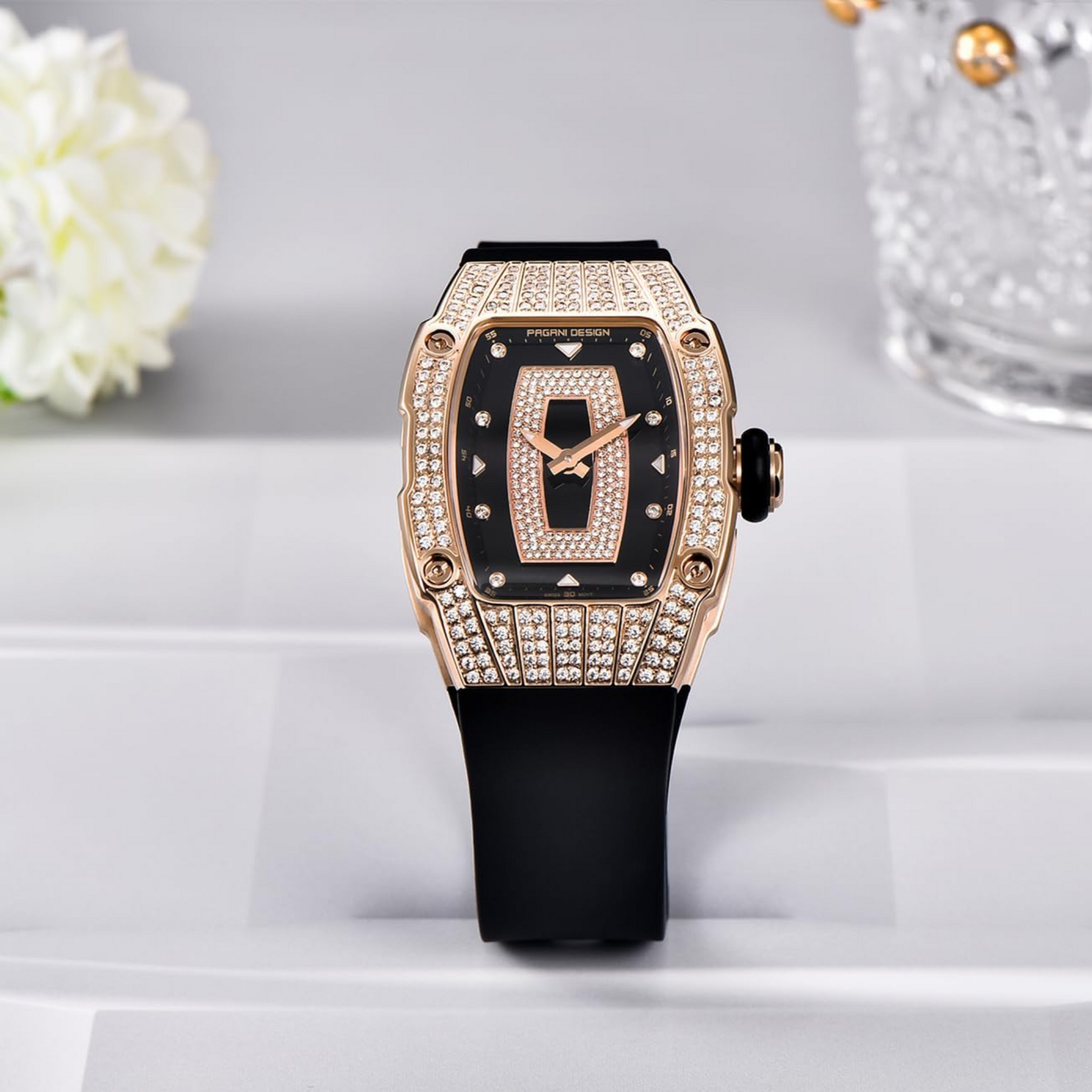 Pagani Design PD-YS013 Bergani Fashion Women's Diamond Inlaid Watch Waterproof Sports Waterproof Night Glow Trend Silicone Women's Watch - Gold Black