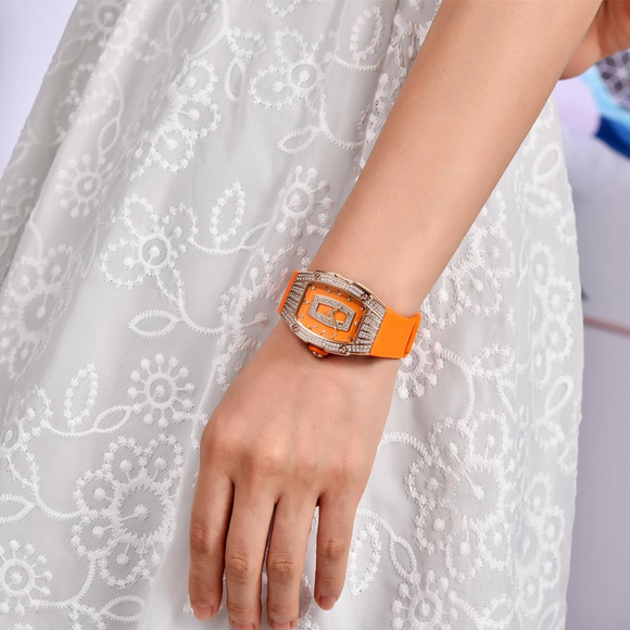 Pagani Design PD-YS013 Bergani Fashion Women's Diamond Inlaid Watch Waterproof Sports Waterproof Night Glow Trend Silicone Women's Watch - Gold Orange
