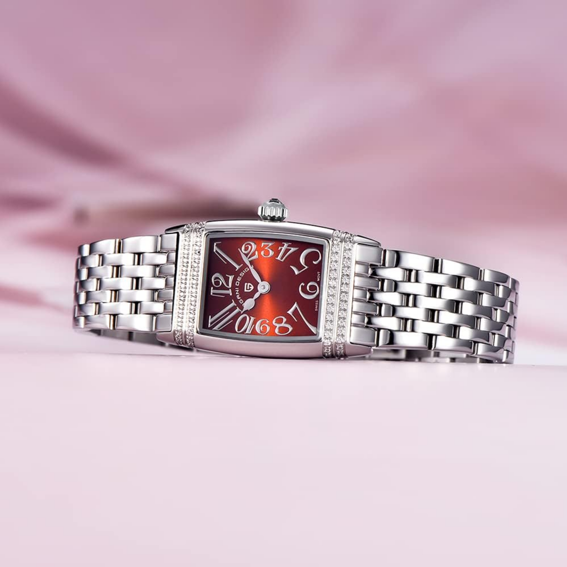 Pagani Design PD-1737 Women's Quartz Watches 22mm with Stone Set Rectangle Case, Analogue Display and Stainless Steel Ladies Watch - Silver Red