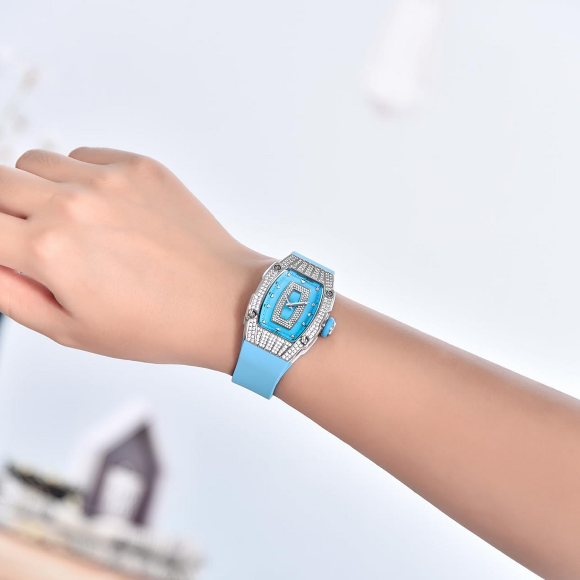 Pagani Design PD-YS013 Bergani Fashion Women's Diamond Inlaid Watch Waterproof Sports Waterproof Night Glow Trend Silicone Women's Watch - Silver Blue