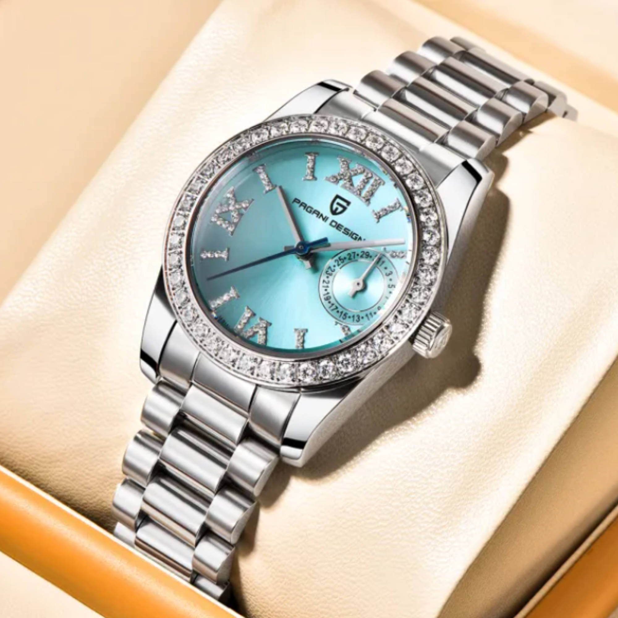 PAGANI DESIGN PD-1776 Luxury Stainless Steel Waterproof Wrist Watch for Women Diamond Bezel Sapphire Dial 32 mm - Ice Blue