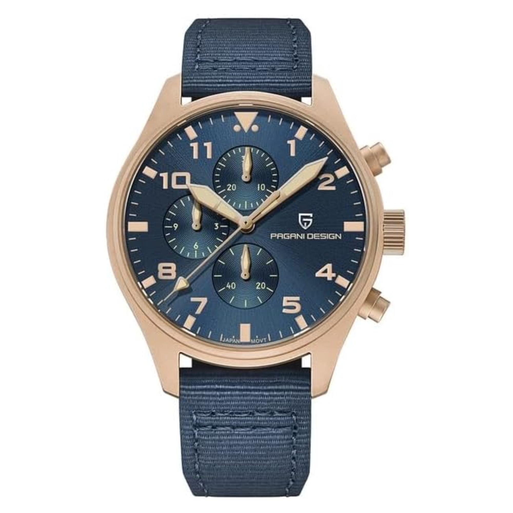 Pagani Design PD-1703 42MM Pilot Chronograph Men's with Seiko VK67 Quartz Watch with Crystal AR Coating - Blue Dial With Blue Nylon Strap