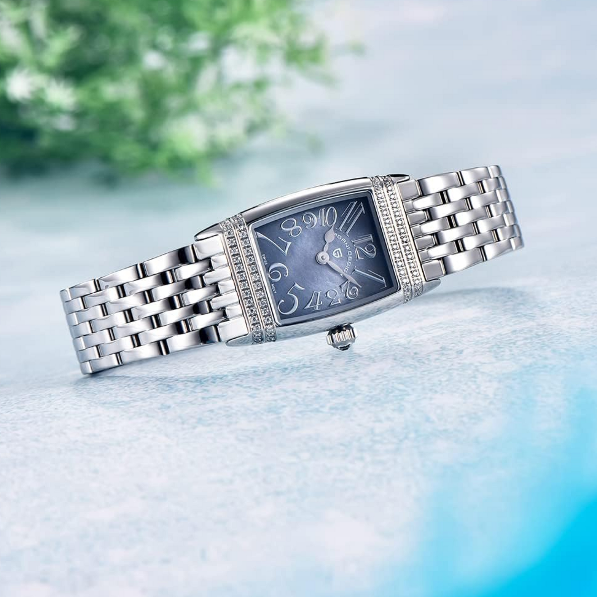 Pagani Design PD-1737 Women's Quartz Watches 22mm with Stone Set Rectangle Case, Analogue Display and Stainless Steel Ladies Watch - Silver - MOP Purple