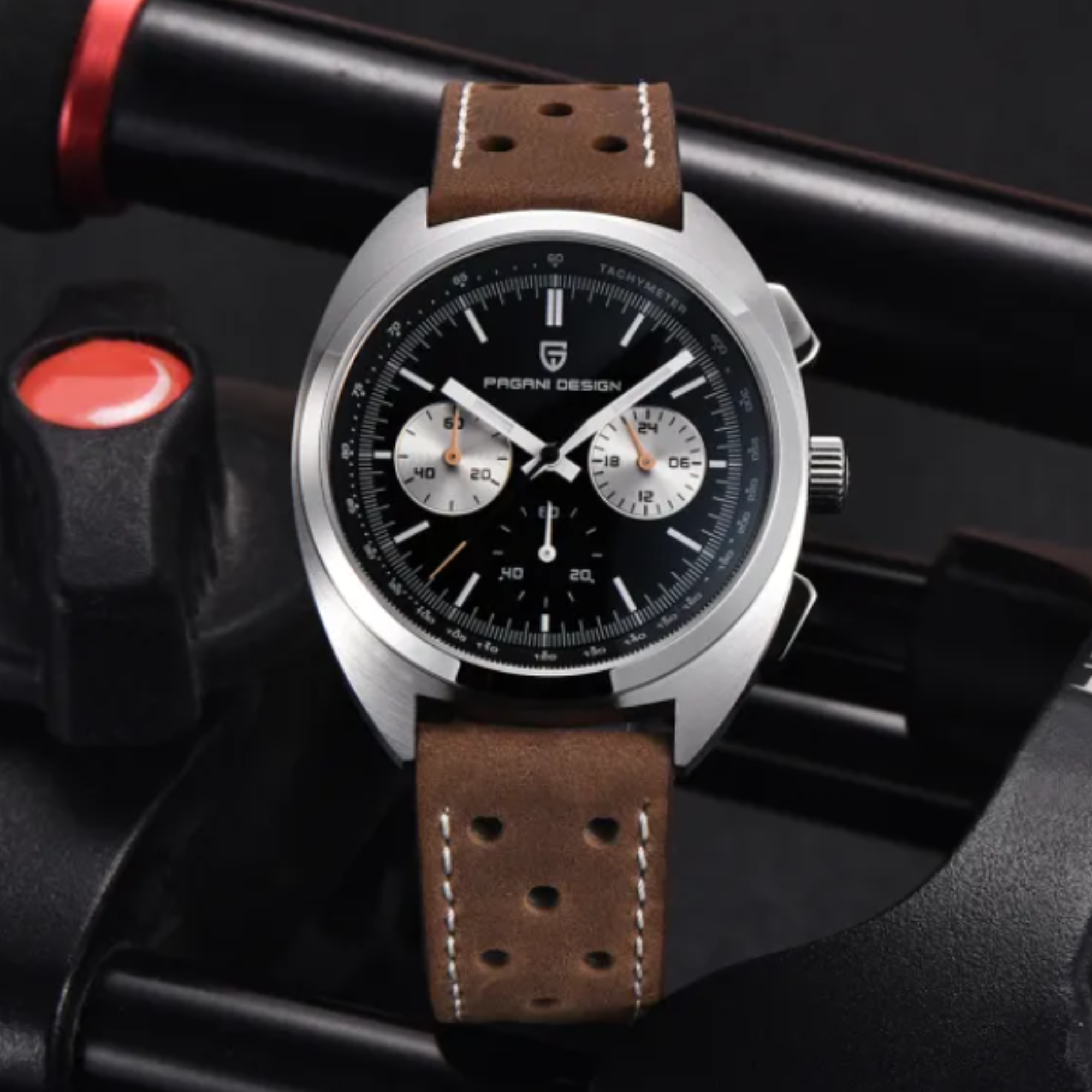 PAGANI DESIGN PD-1782 Men's Quartz Watches Chronograph Stainless Steel 40mm Sports Wrist Watch for Men - Black Dial With Brown Leather Strap