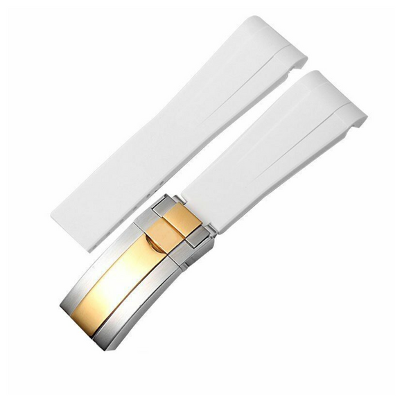High End Curved FKM Rubber Watch Band with Oyster Style Deployment Clasp: 20 mm - White with Gold Dual tone