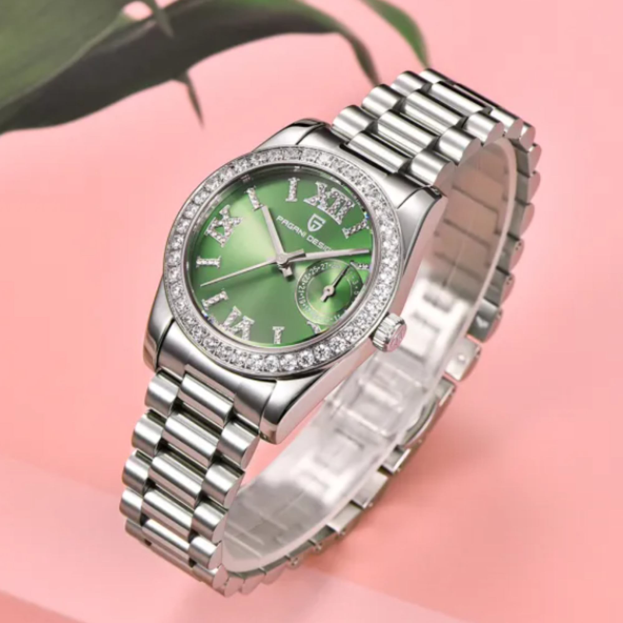 PAGANI DESIGN PD-1776 Luxury Stainless Steel Waterproof Wrist Watch for Women Diamond Bezel Sapphire Dial 32 mm - Aqua Green