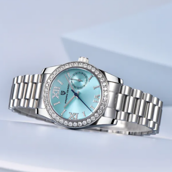 PAGANI DESIGN PD-1776 Luxury Stainless Steel Waterproof Wrist Watch for Women Diamond Bezel Sapphire Dial 32 mm - Ice Blue