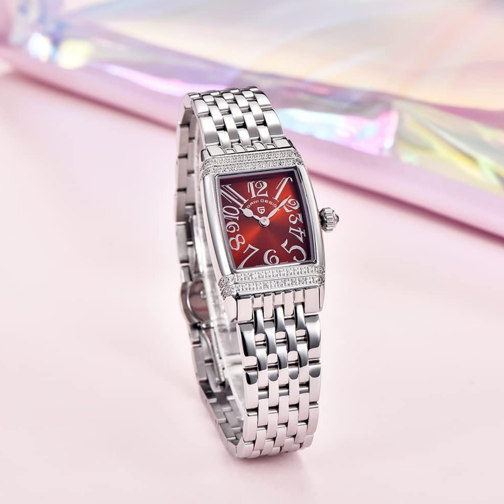 Pagani Design PD-1737 Women's Quartz Watches 22mm with Stone Set Rectangle Case, Analogue Display and Stainless Steel Ladies Watch - Silver Red