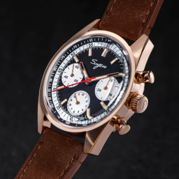 Sugess Chrono Heritage 442 Chronograph Special Dial Swan Neck Regulator Black Dial With Brown Strap