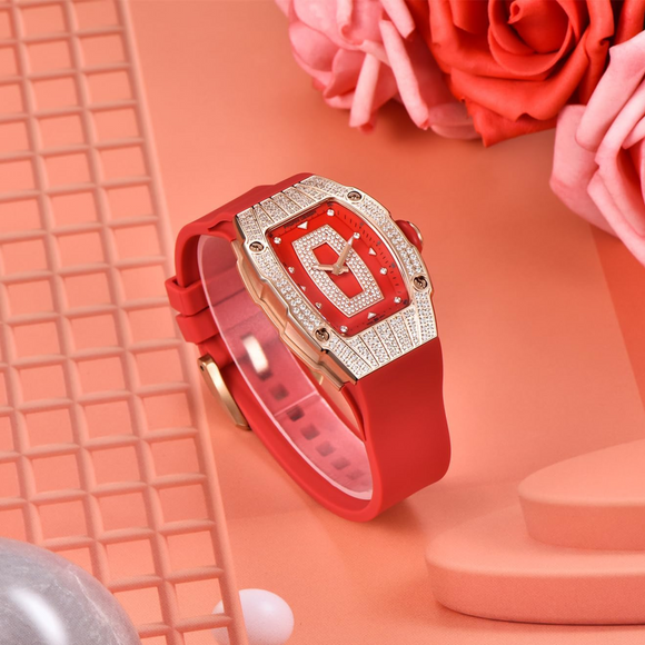 Pagani Design PD-YS013 Bergani Fashion Women's Diamond Inlaid Watch Waterproof Sports Waterproof Night Glow Trend Silicone Women's Watch - Gold Red